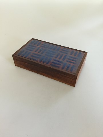 Wooden Palisander Box with Ceramic Enamel Lid in Shades of Blue.