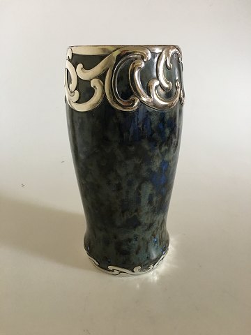 Bing & Grondahl Unique vase with Silver mounting by Lotte Lindahl from 1913 in 
running glaze.