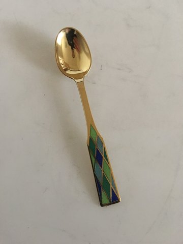 Georg Jensen Harlequin Coffee Spoon in gilded sterling silver with green enamel