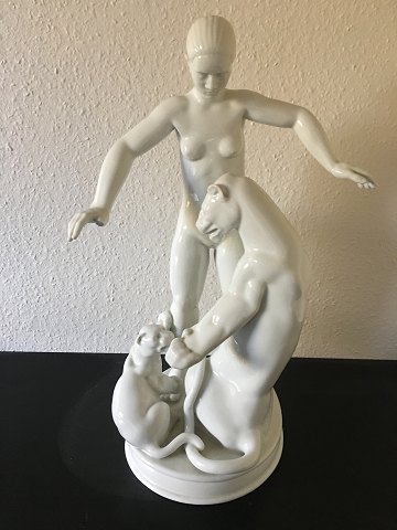 Large Bing & Grondahl Blanc de Chine Figurine of Lady with Mountain Lion by 
Henning Seidelin