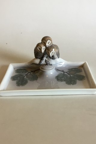 Royal Copenhagen Art Nouveau Inkwell Set with 3 Owls and 1 mouse