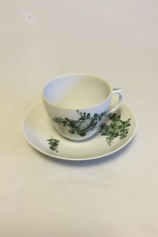 Royal Copenhagen Green Flower Curved Coffee Cup and Saucer No 1870