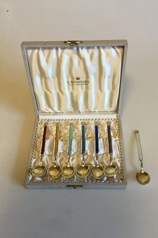 A. Michelsen Set of 6 Gold Plated Sterling Silver Tea Spoons with colored Enamel 
in Box, plus one extra