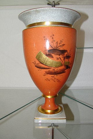 Royal Copenhagen Large Cracle Glaze vase with motif and gold decoration