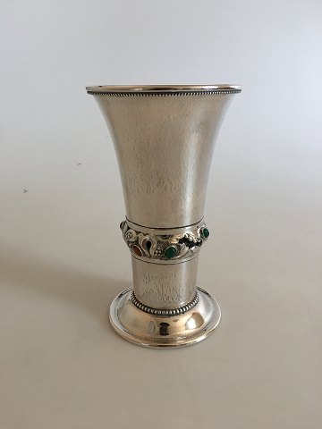 Georg Jensen 830 Silver Vase No 132 in the Danish Art Noveau Style. Ornamented with Amber and Green Agate