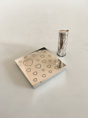 Powder and Mirror Case and Lipstick Case in Silver ornamented with Hearts