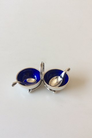 Georg Jensen Sterling Silver/Blue Enamel Double Salt Dish No 862 with two Salt 
Spoons No  110