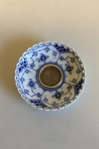 Royal Copenhagen Blue Fluted Full Lace Candle Drip Cup with 2-Crown coin with 
Frederik IX and Queen Ingrid, 1953. No 1009