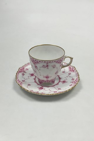 Royal Copenhagen Blue Fluted Red Ruby/Pink with Gold Edge Full Lace Mocca Cup 
and Saucer
