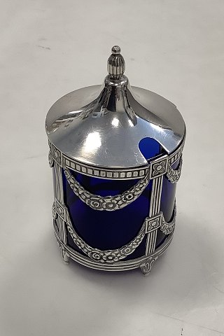 Mustard Pot in Blue Glass with Sterling Silver mounting and lid Swedish Mema