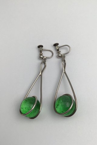 Bent Knudsen Sterling Silver Earrings (Screws) Green Glass Spheres