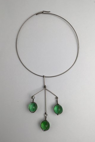 Bent Knudsen Sterling Silver Neck Ring with Pendant (Green Glas Spheres)