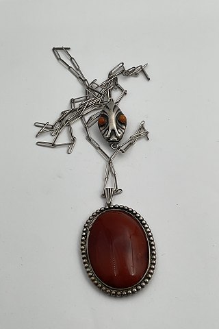 Large Silver Necklace with Amber Pendant